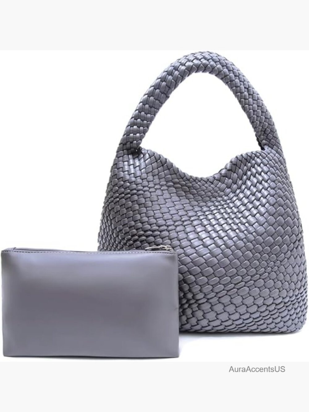 Woven Vegan Leather Tote Bag, Large Capacity Handbag with Pouch